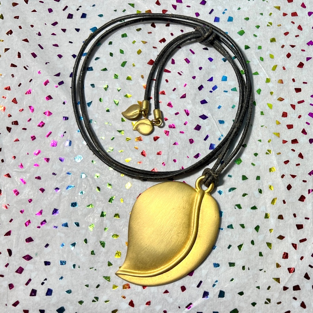 Brushed Gold tone Leaf Pendant on Leather Cord